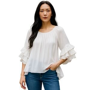Tempo Paris Silk Blend Top White Round Neck 3/4 Ruffled Sleeve Women's Medium
